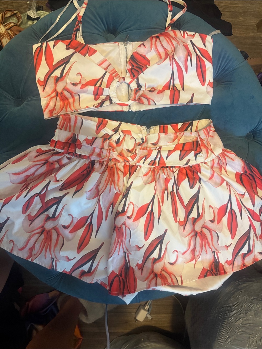 Two-Piece Floral Crop Top & Skirt Set in White with Coral-Red Print